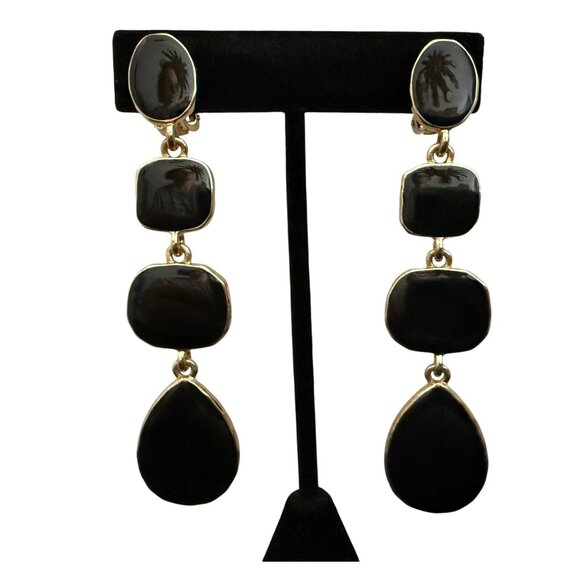 Kenneth Jay Lane Gold Plated Black Enamel Geometric Clip-On Dangle Earrings - Picture 2 of 7